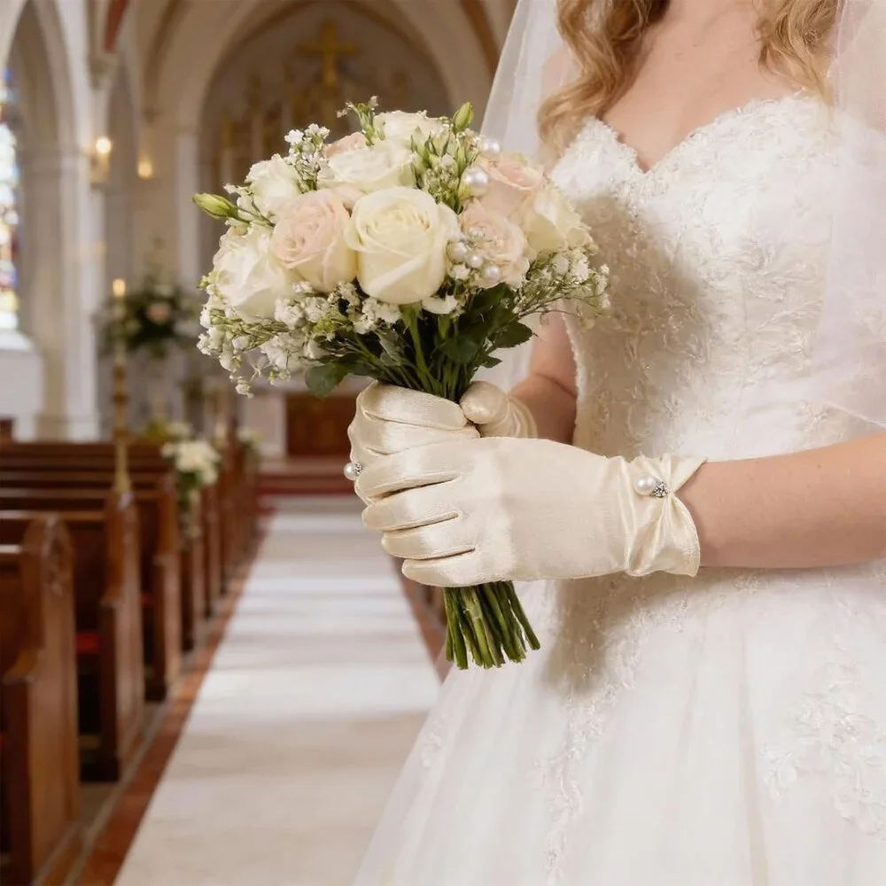 Women's Satin Short Length Pearl Gloves Cream Banquet Wedding Party Costume